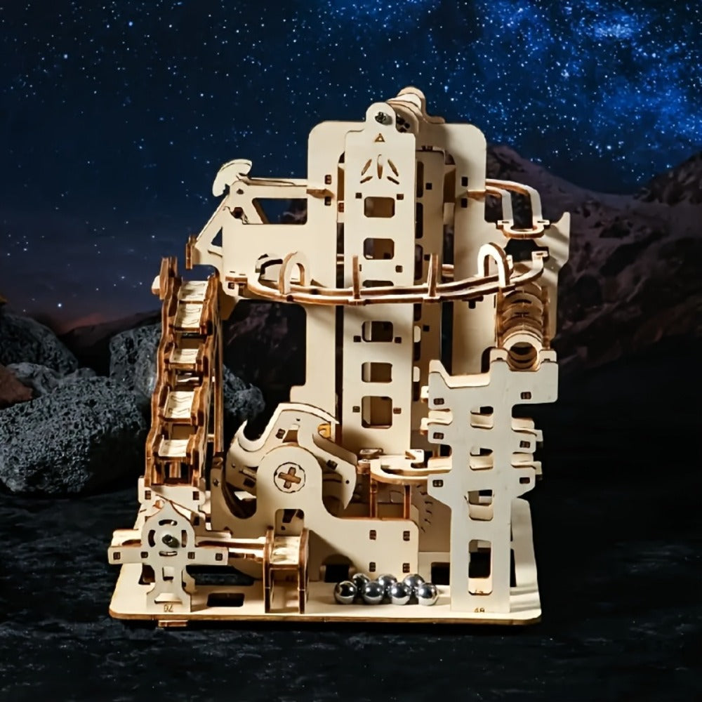 Wooden Marble Track Model Kit with Dual-Linkage A or B Builds, Laser-Cut Panels, Gears and Ball Rails