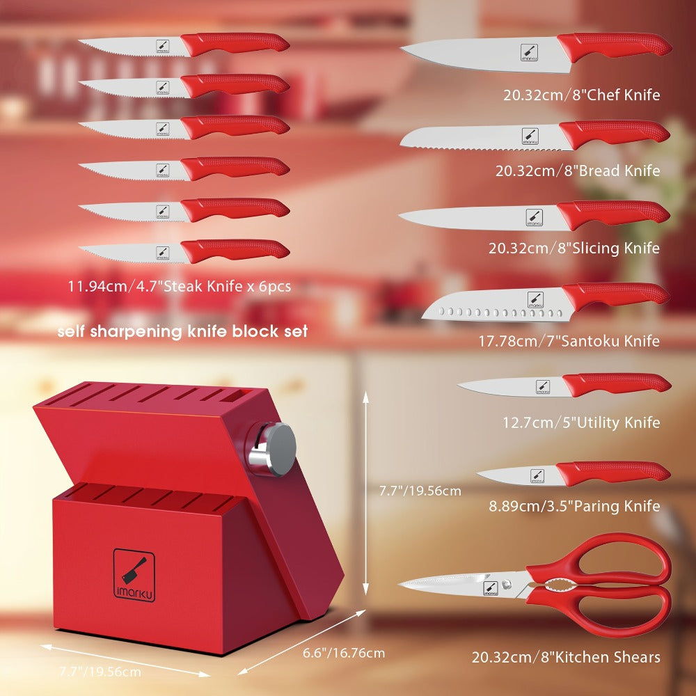 14-Piece Kitchen Knife Set with Japanese 420 Stainless Steel Label, Red Handles, Scissors and Sharpening Block