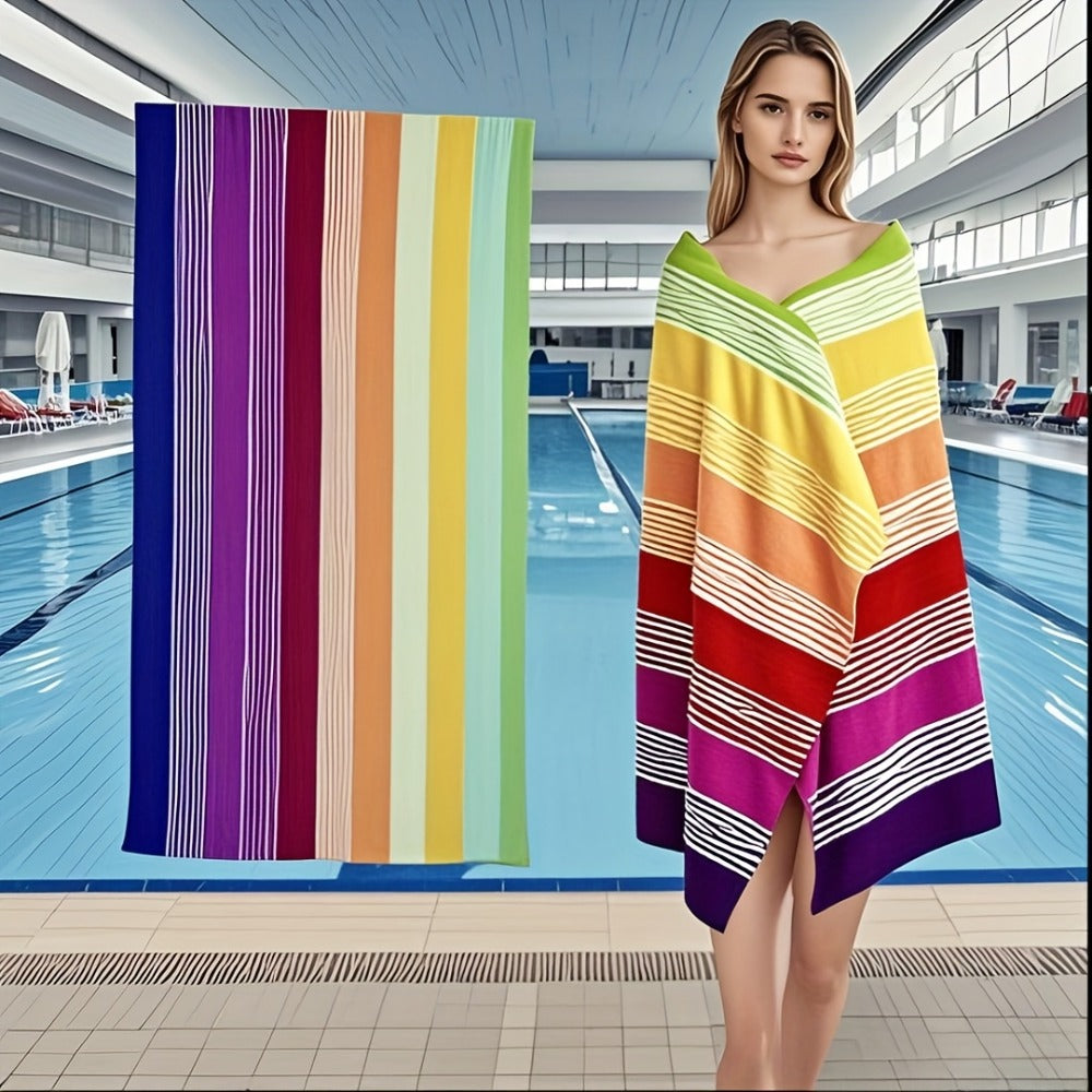 Oversized Rainbow-Striped Beach Towel, 67 x 35.4 Inches, Lightweight Design for Pool, Camping and Travel