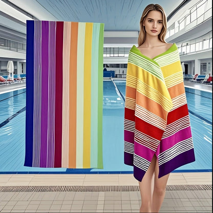 Oversized Rainbow-Striped Beach Towel, 67 x 35.4 Inches, Lightweight Design for Pool, Camping and Travel