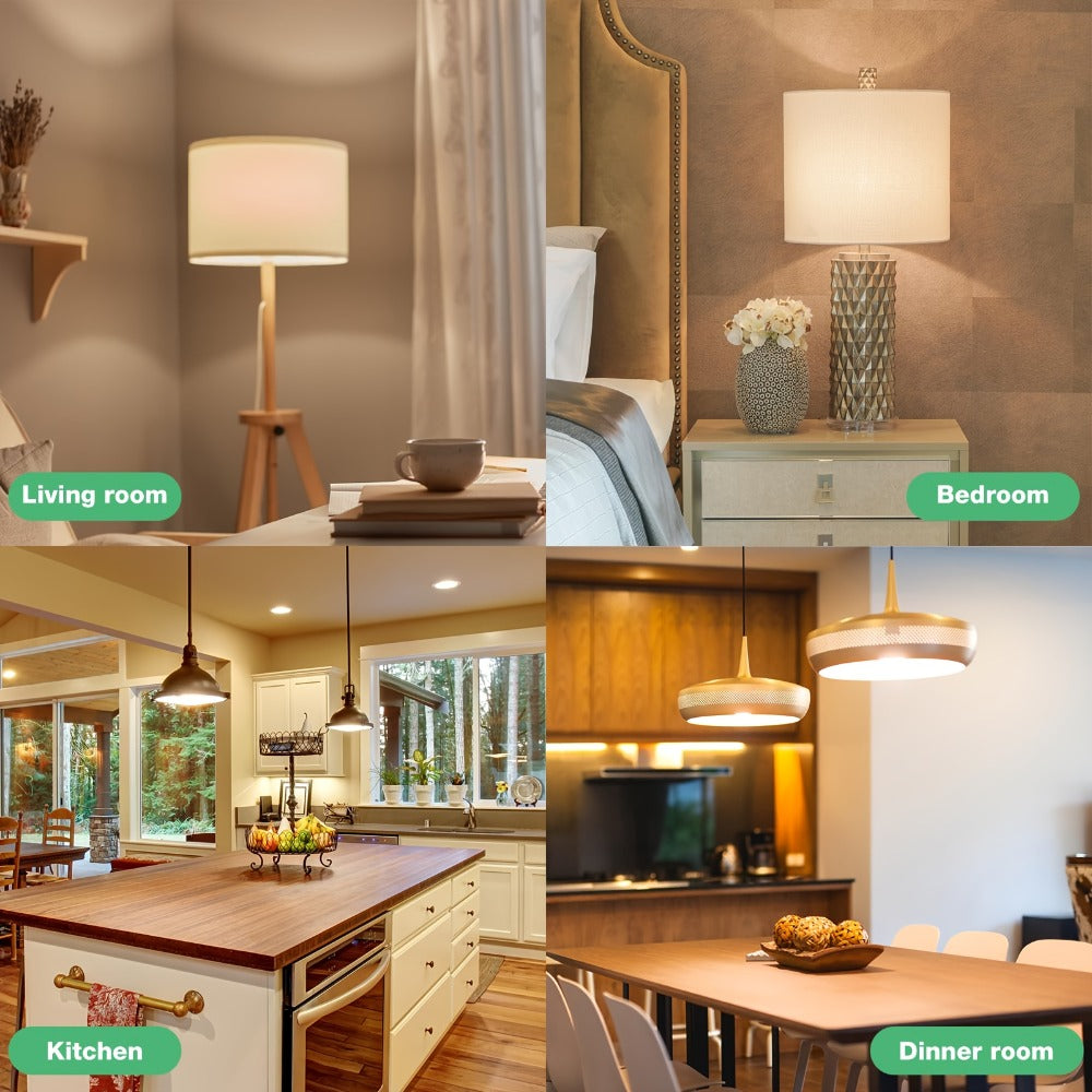 Dusk-to-Dawn E26 LED Light Bulbs, 9W 2700K Warm White Four-Pack with 800-Lumen Marking and Sensor Format