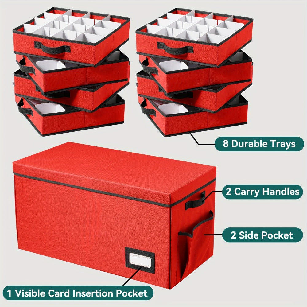 Christmas Ornament Storage Box with 128 Compartments, Eight Removable Trays and Red or Green Color Options