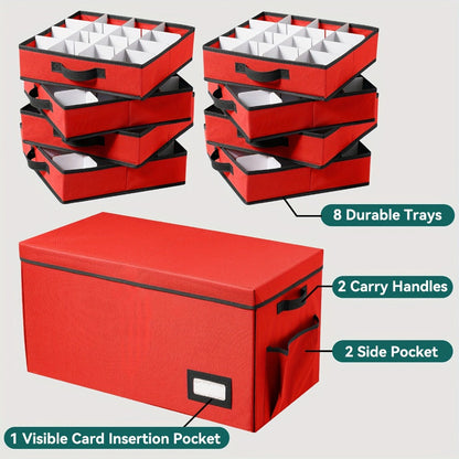Christmas Ornament Storage Box with 128 Compartments, Eight Removable Trays and Red or Green Color Options