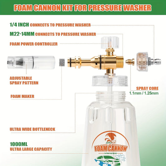 Foam Cannon Pressure Washer Kit – 9-Piece Set, Dual Connector, 5 Nozzle Tips, 1/4" Quick Connect, 5000 PSI Car Wash Lance