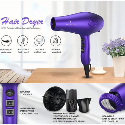 Purple WAZOR 1875W Hair Dryer with Three Heat Settings, Two Speeds, Cool Shot and Three Styling Attachments