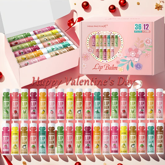 Lip Balm 36-Piece Tinted Gift Set with 12 Flavors, Jojoba Oil Formula and Colorful Tube Packaging