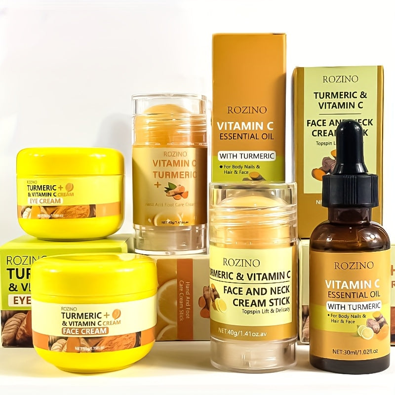 Skincare Set with ROZINO Label, 5 Turmeric and Vitamin C Cream and Serum Items for Face Hands and Feet