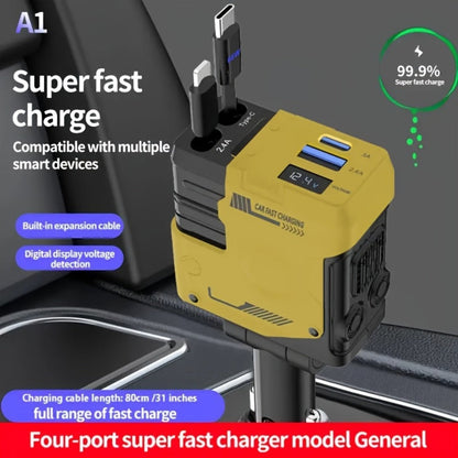 Dual Retractable Cable Car Charger 4-in-1 with Lightning & Type-C 31in, 2 USB-A Ports & Voltage Supervision – Tangle-Free Fast Car Phone Charger for iPhone Samsung Android, Multi Port Car Charging Adapter 4 Colors
