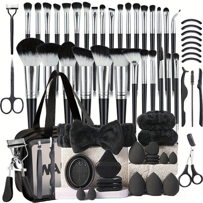 Sixty-Eight-Piece Makeup Tool Set with Black Brushes, Eyelash Accessories, Wash Bowl and Carry Bag