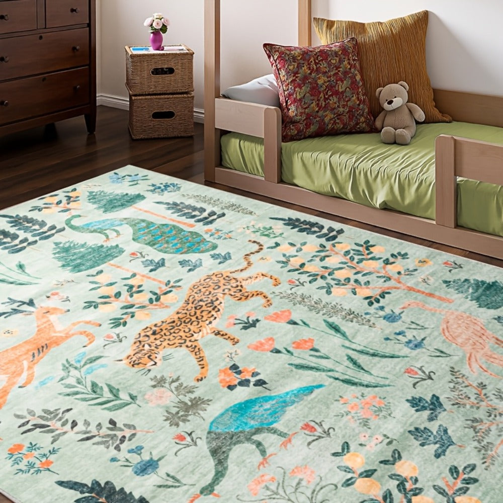 Area Rug 8x10 Ft Soft Non-Slip Machine Washable Large Floor Rug with Floral Forest Animal Patterns for Living Room Bedroom Home Decor – Durable Easy Clean Indoor Carpet