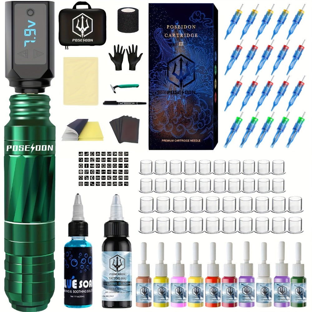 Complete Tattoo Pen Kit with Carrying Bag Aluminum Pen Wireless Power Supply 20 Needles 11 Inks 40 Ink Caps Practice Skin Transfer Paper Gloves Soap Table Mat - Beginners & Artists