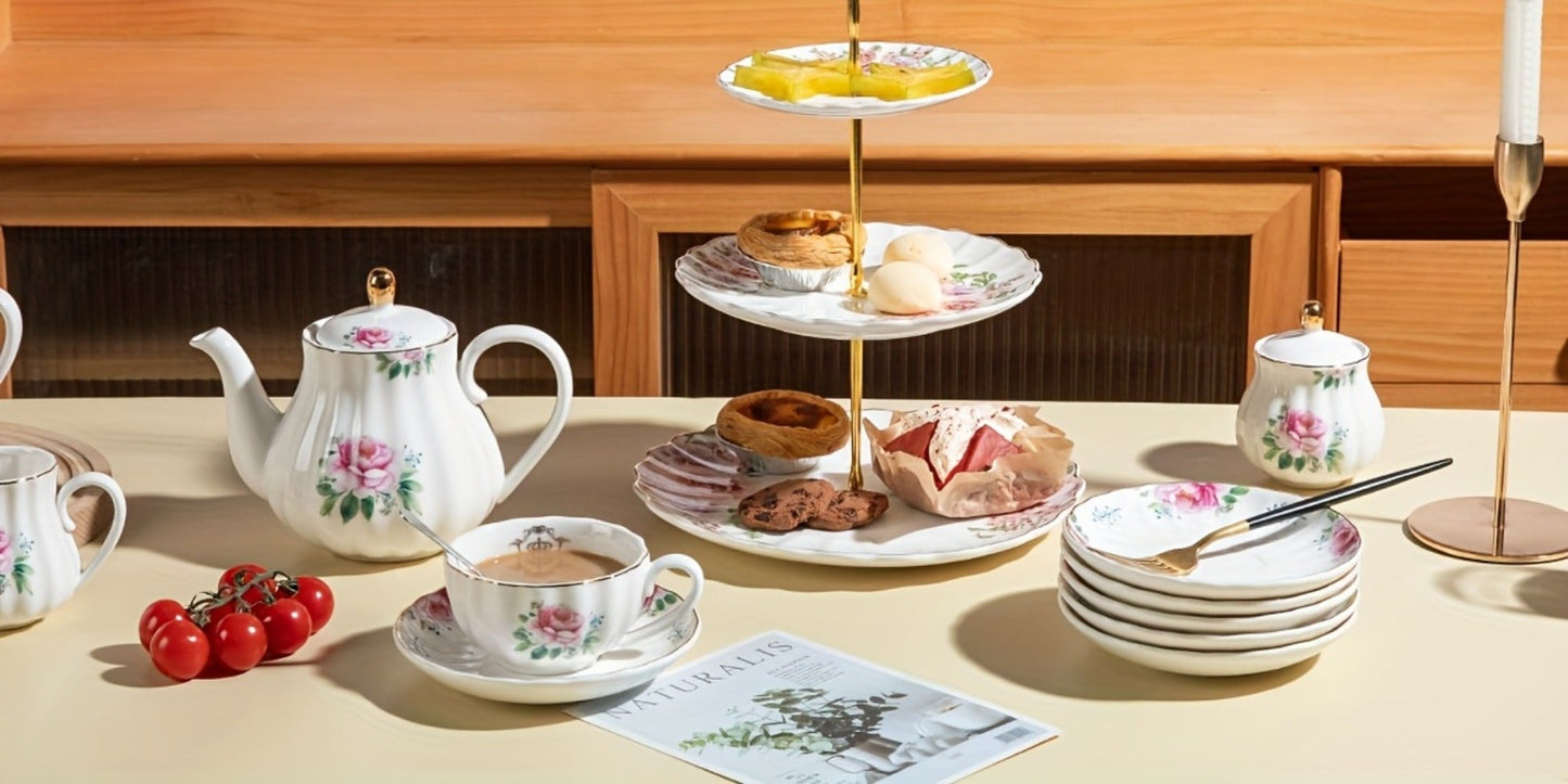Floral Porcelain-Style Tea Service Set for Six in Five Coral, Peach, Rose, Peony or Spring Designs