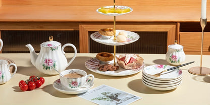 Floral Porcelain-Style Tea Service Set for Six in Five Coral, Peach, Rose, Peony or Spring Designs