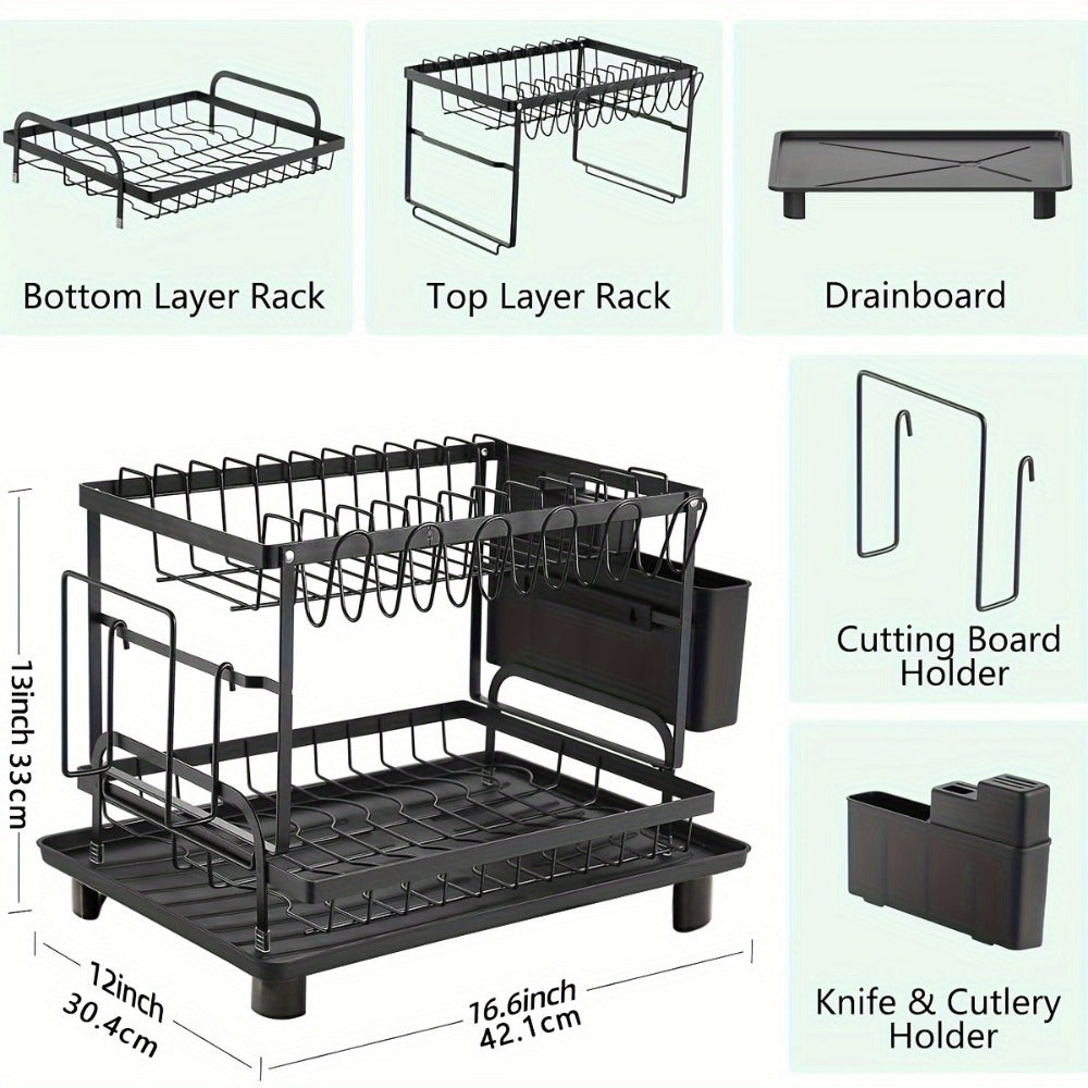 Two-Tier Dish Drying Rack, Compact Metal Countertop Drainer with Drainboard in Three Colors
