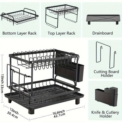 Two-Tier Dish Drying Rack, Compact Metal Countertop Drainer with Drainboard in Three Colors