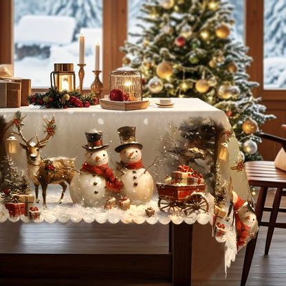 Christmas Tablecloth Vintage Snowman Reindeer Christmas Tree Red Holiday Table Cover for Rectangular Round Oval Tables Durable Polyester Fabric Party Home Restaurant Decorations