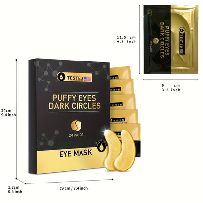 24-Pair Gold-Tone Under-Eye Patch Box with Individual Pouches and Collagen, Glycerin and Hyaluronic Acid Wording