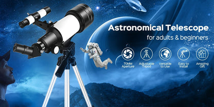 70mm Aperture Telescope 150X for Adults & Kids – Portable Astronomical Telescope with Tripod, Phone Holder, Barlow Lens & Eyepiece, Best Gift for Stargazing, Nature & Education