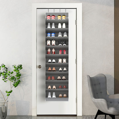 Shoe Rack 10-Tier Space-Saving Over-the-Door Organizer for Up to 20 Pairs with 4 Metal Hooks in Gray