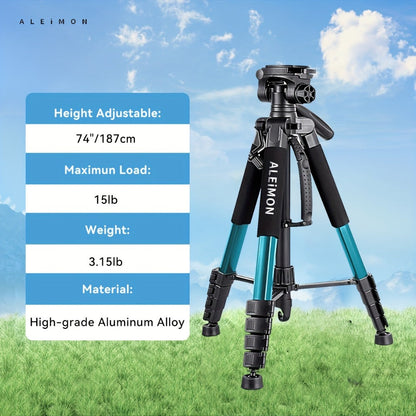 Camera Tripod 74 Inch Aluminum Alloy Heavy Duty with Dual Quick Release Plate, Phone Clip & Carrying Bag – Professional Stand for DSLR, Mirrorless, Webcam, Projector & Spotting Scope