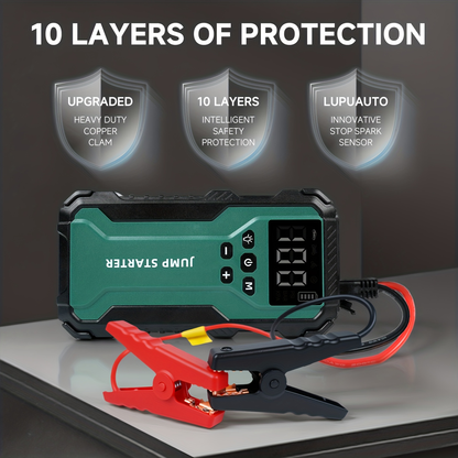 10000A Car Jump Starter with 12V Clamps, LED Light and Optional Integrated Air Pump in Red, Green or Gray