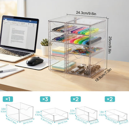 Clear Acrylic Drawer Organizer with 8 or 16 Drawers - Stackable Desktop Storage for Makeup, Jewelry, Office Supplies & Art Crafts, Modular Desk Organizer Set for Home & Office