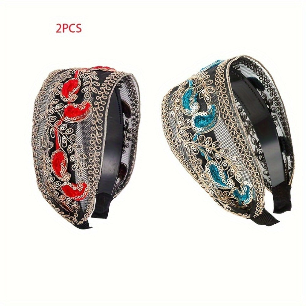 Lace Sequin Flower Headbands for Women 2pcs Wide Non-Slip Boho Retro Embroidered Hair Hoops for Daily Wear Spring Summer Wedding Party Chic Hair Accessories Gift Set Black Coffee Red Green