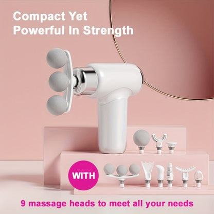 White USB-Rechargeable Massage Gun with Straight-Grip Body and Nine Interchangeable Massage Head Styles