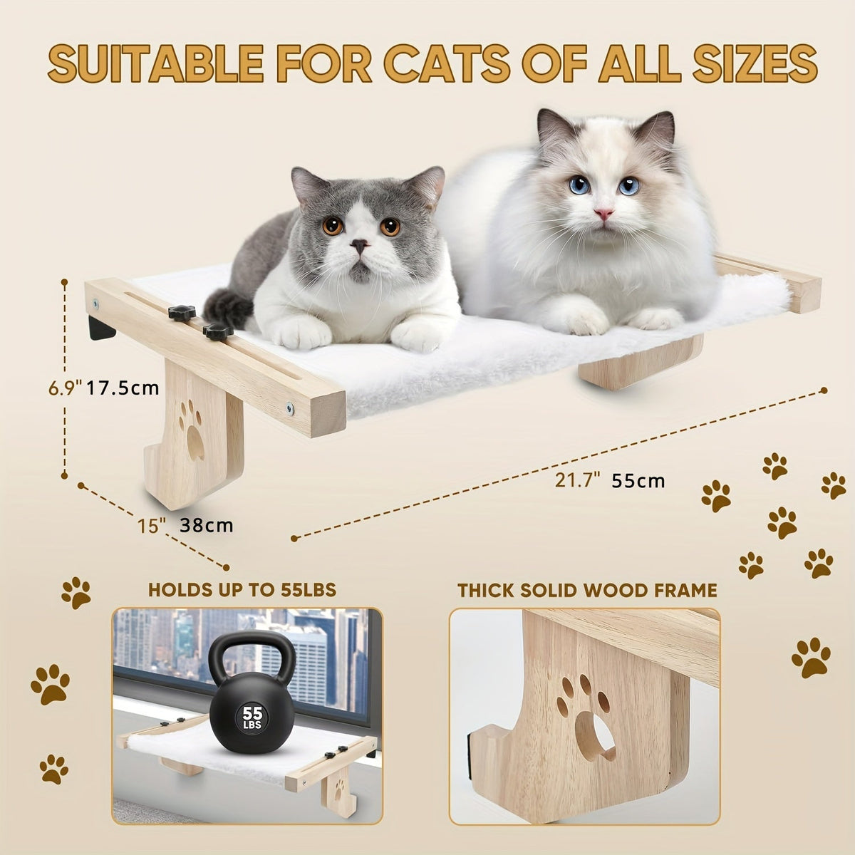 Padded Cat Windowsill Perch with 55x38cm Wood Platform, Metal Hooks, Rubber Pads and Adjustable Fit