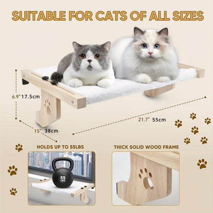 Padded Cat Windowsill Perch with 55x38cm Wood Platform, Metal Hooks, Rubber Pads and Adjustable Fit
