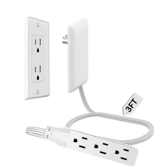 Flat Plug Extension Cord 3 Outlets Ultra Thin Wall Hugger with Outlet Concealer Cord Organizer Kit Space Saving Child Safe 13A 1625W for Behind Furniture Bed Sofa Desk Dorm Office 3FT 5FT 8FT