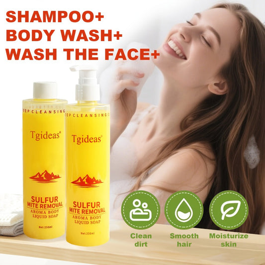 Sulfur Shampoo & Body Wash 2-in-1 Set — Scented Sulfur Soap Cleansing Liquid for Gentle Daily Scalp Purifying & Full Body Cleansing | Creamy Lather Formula | 2 Bottles | Family Household Use