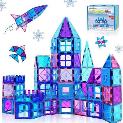 32-Piece Blue and Purple Magnetic Tile Castle Set with Squares, Triangles and Window Pieces