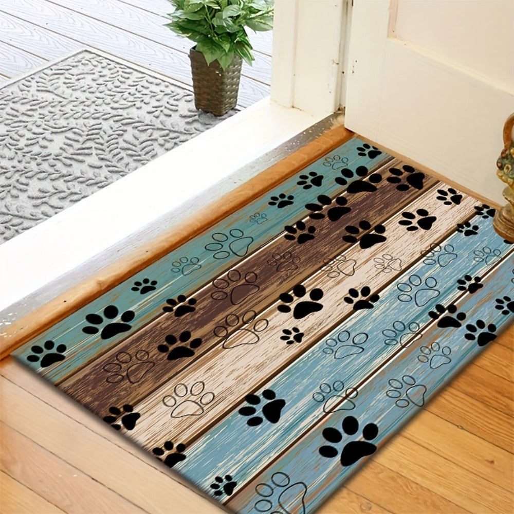 Cat Paw Print Door Mat with Blue and Brown Wood-Look Bands in Three Rectangular Entryway Sizes