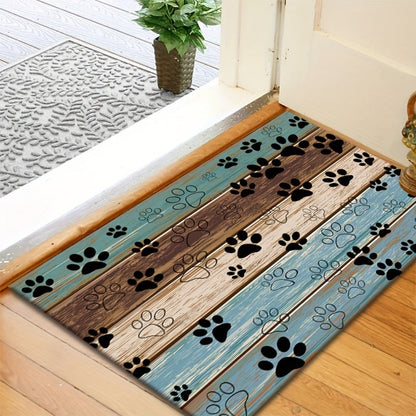 Cat Paw Print Door Mat with Blue and Brown Wood-Look Bands in Three Rectangular Entryway Sizes