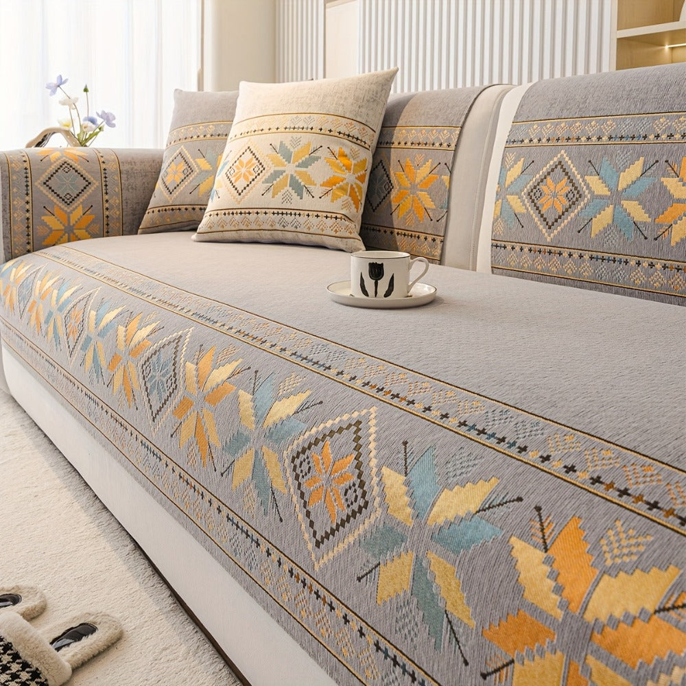 Sofa Cover, Chenille Bohemian-Style Couch Pad in Three Colors with Armrest and One-to-Four-Seat Sizes