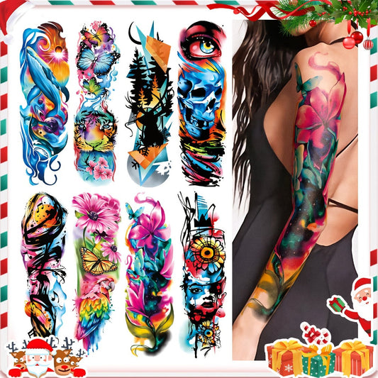 Waterproof Temporary Tattoos Full Arm 46 Sheets Set | Colorful Floral Geometric Portrait Ink Painting Style Body Art Stickers for Women Men Teens | Realistic Long-Lasting Festive Design Pack