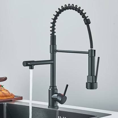Single-Hole Pull-Down Kitchen Faucet with Spring Spout, 360° Swivel Sprayer and Three Finish Options