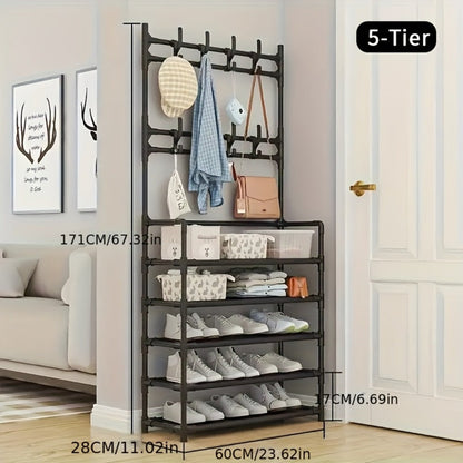 Shoe Rack Floor-Standing Organizer with 8 Double Hooks and 3-Layer or 5-Layer Black Options