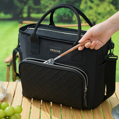 11L Quilted Lunch Bag Tote with Front Zipper Pocket, Side Tissue Pocket, Strap and Four Colors