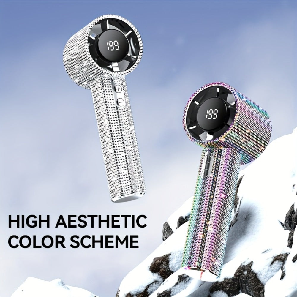 Rhinestone Handheld Fan with USB-C Charging, Digital Display, 199 Levels and Optional Beige Headset