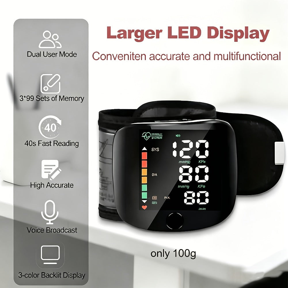 Blood Pressure Monitor for Wrist, Portable Black Digital Device with Large Display and One-Button Control