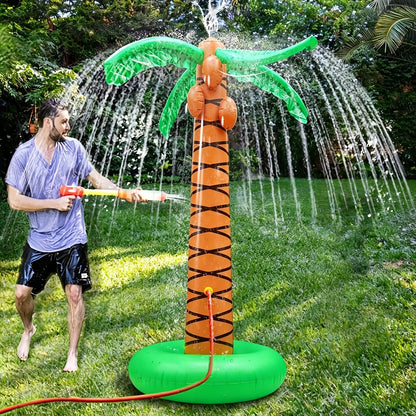61-Inch Inflatable Palm Tree Sprinkler with 360-Degree Water Spray, Hose Connector and Mixed Tropical Colors