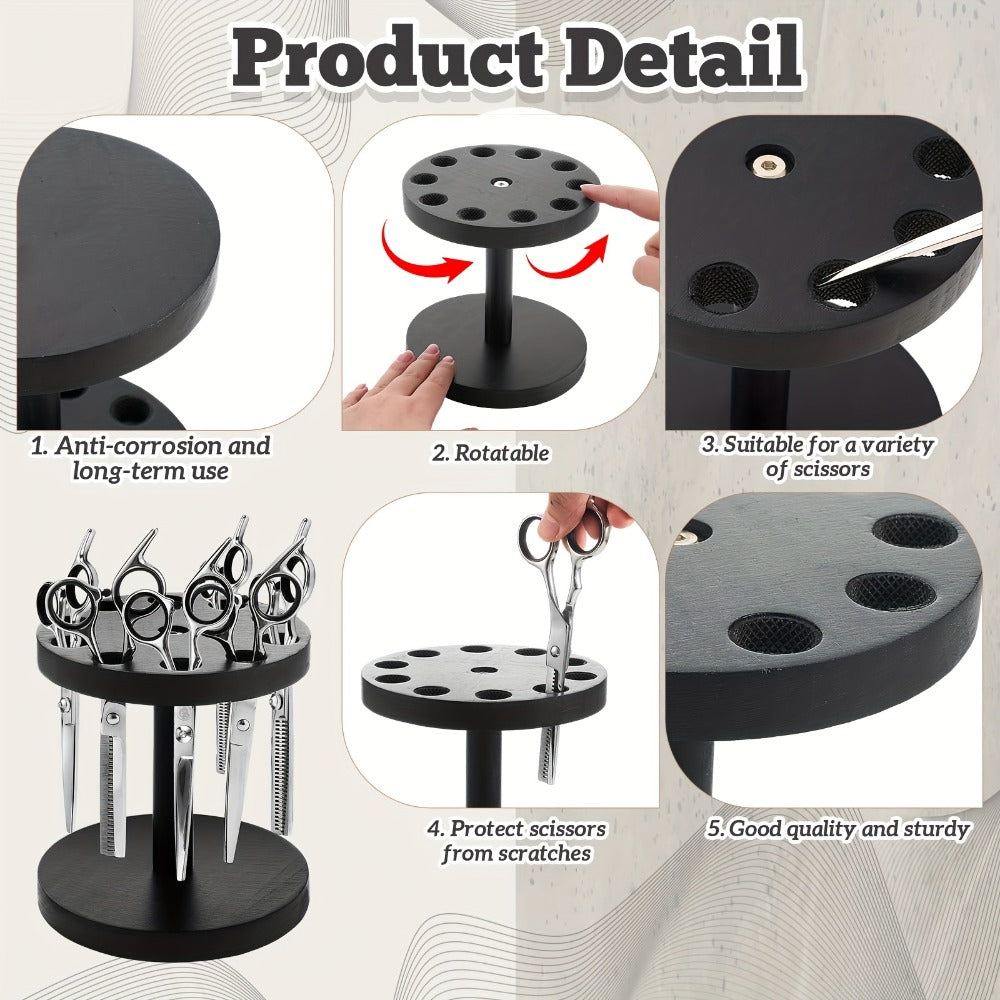 Rotating Round Salon Scissor Holder with Ten Vertical Openings, Black Base and One-Piece Checkout Option