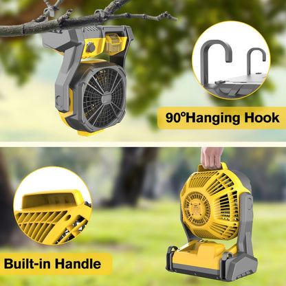 Yellow Cordless Work Fan for Select DeWalt 20V Max Batteries with LED Light, Hanging Hook and Adjustable Tilt, Battery Not Included