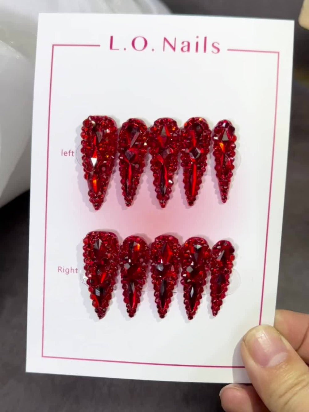 Press On Nails 10-Piece Long Water-Drop Set with Red Glass Glitter and Removable Self-Adhesive Gel Tabs