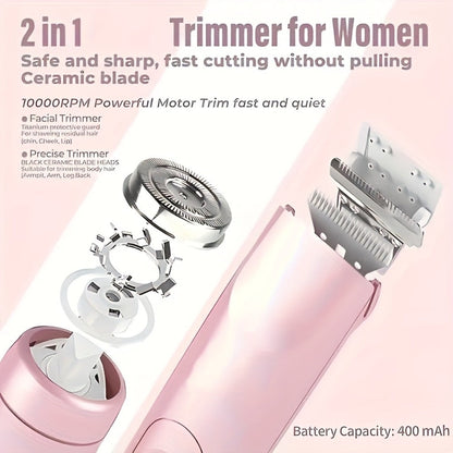 Electric Shaver 2-in-1 Bikini and Facial Razor with USB Rechargeable Power for Dry or Wet Use in Three Colors