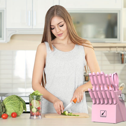 Kitchen Knife Set by imarku, 14-Piece Pink Stainless Steel Block with Six Steak Knives, Shears and Built-In Sharpener