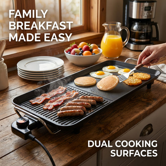Indoor Electric Grill Smokeless – Non-Stick BBQ Griddle with Adjustable Temperature & Drip Tray, Extra-Large Extended / Medium / Large Roasting Pan, Multifunctional Indoor & Outdoor Barbecue – Holiday Gift Idea