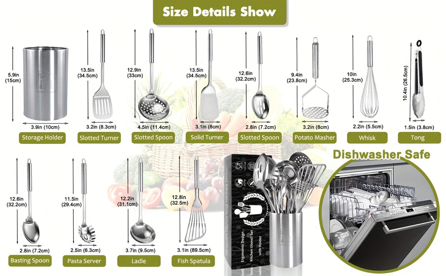 Stainless Steel Kitchen Utensils Set 12 Piece with Holder – Heat Resistant Cooking Utensils, Spatula, Ladle, Tongs, Whisk, Skimmer, Potato Masher, Slotted Spoon